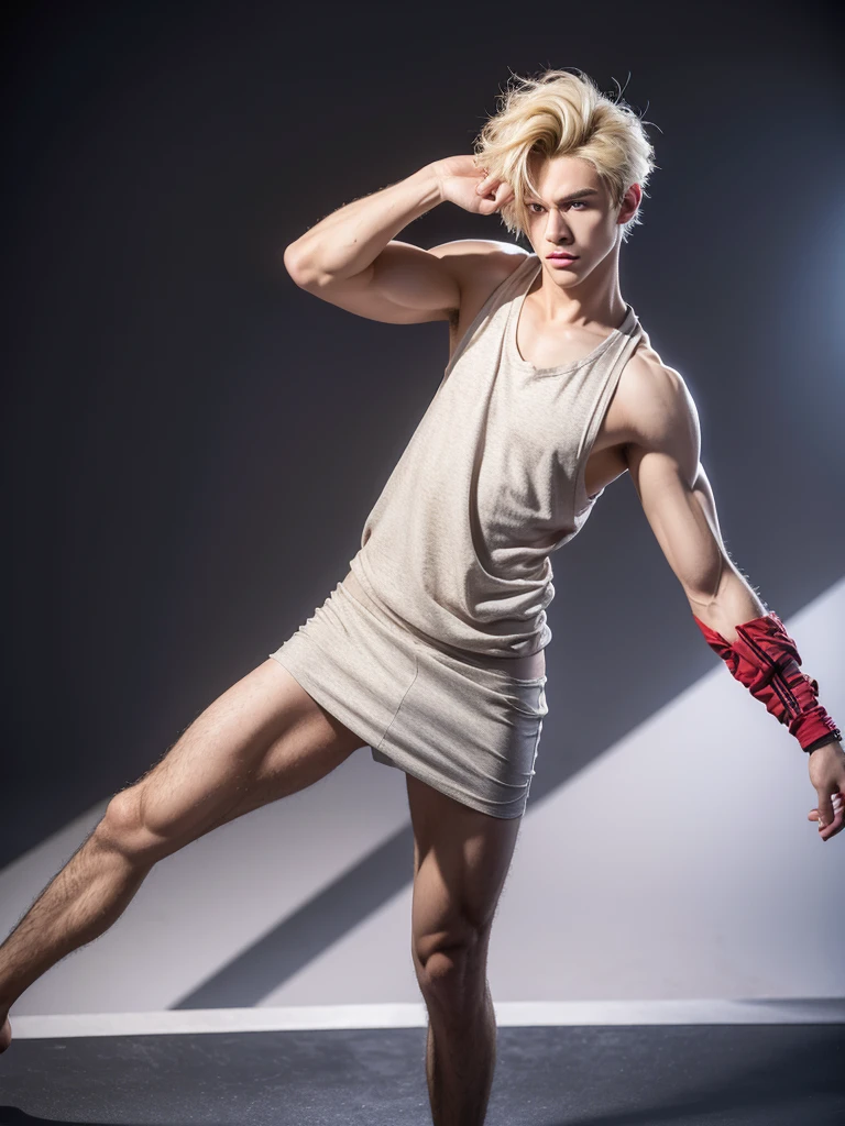 male, 20-year-old boy, Handsome,Salty face,refreshing,Mashed hairstyle,Blonde,Iris, Slickback, Sleeveless clothing, Full body photo, Looking at the camera, building, Tank top showing muscles,dance,High resolution, masterpiece, Highest quality, Very detailed, Ultra high definition, Textured skin,