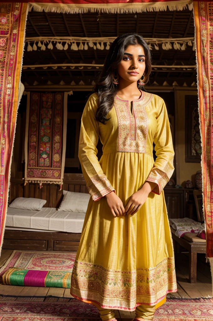 Generate an image of a teen Punjabi girl with fair skin and a cute, average-looking face, dressed in a vibrant traditional salwar-kameez. She stands gracefully on a thatched floor inside her warmly decorated home, with colorful tapestries and traditional Punjabi decor in the background.