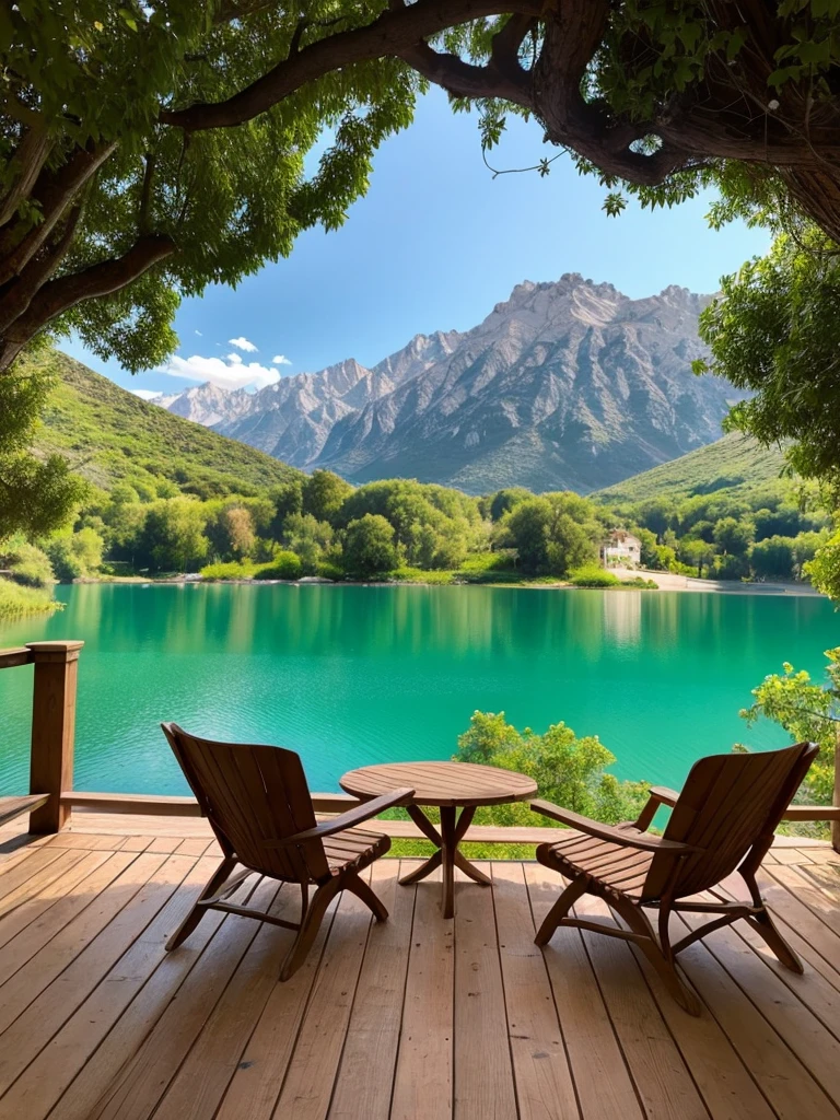 a close up of two chairs on a wooden deck near a lake, stunning nature in background, beautiful place, all in the amazing outdoors view, lago di sorapis, beautful view, beautiful lake, very close to real nature, paradise in the background, mountains and lakes, sitting in front of a lake, beautiful scenic view, very beautiful scenery, gorgeous view