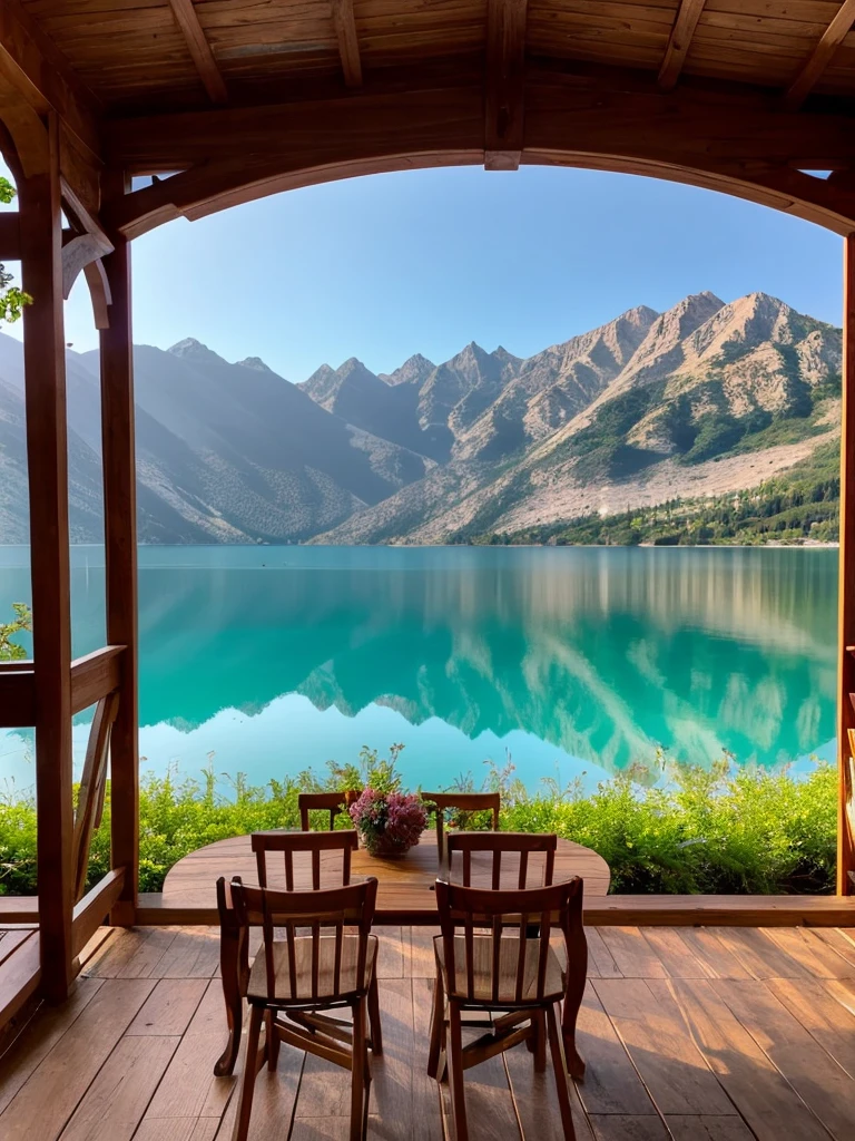 a close up of two chairs on a wooden deck near a lake, stunning nature in background, beautiful place, all in the amazing outdoors view, lago di sorapis, beautful view, beautiful lake, very close to real nature, paradise in the background, mountains and lakes, sitting in front of a lake, beautiful scenic view, very beautiful scenery, gorgeous view