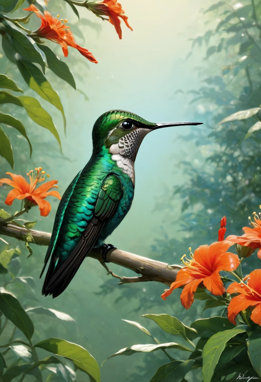 Hummingbird by Hergé, anime realism, best quality, Masterpiece, 8ก, Agent work, official art, professional, There are extraordinarily intricate details.