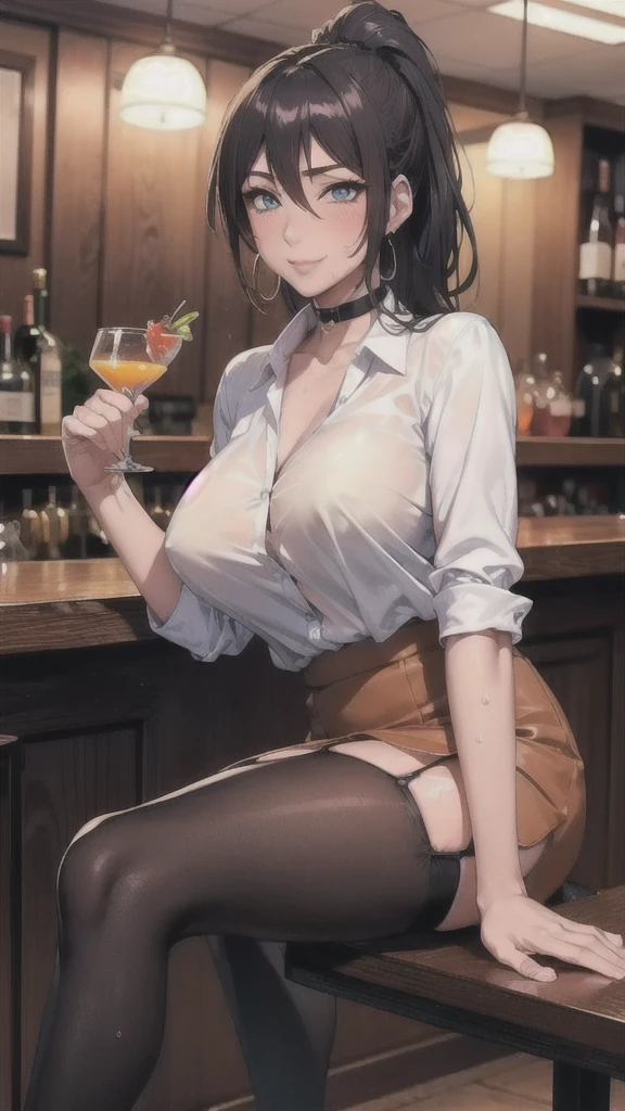((Correct Anatomy)),((Sit at the bar counter)),((Holding a cocktail glass)),((((Black Stockings)))),((Beautiful feet)),((A shy smile)),((Office Costume)),((White blouse)),((Office Uniforms)),((Pleated mini skirt)),Ultra-high resolution,Mature Woman, Mature Woman, Very detailed,Extremely fine skin,Beautiful Skin,((Sweating all over the body)),(Big Breasts),((Beautiful legs)),Perfect hands, Detailed fingers, Beautiful details, ((Long Hair)),((ponytail)),Black choker, Earrings,High heels,Luxury,Perfect Eyes, Captivating eyes