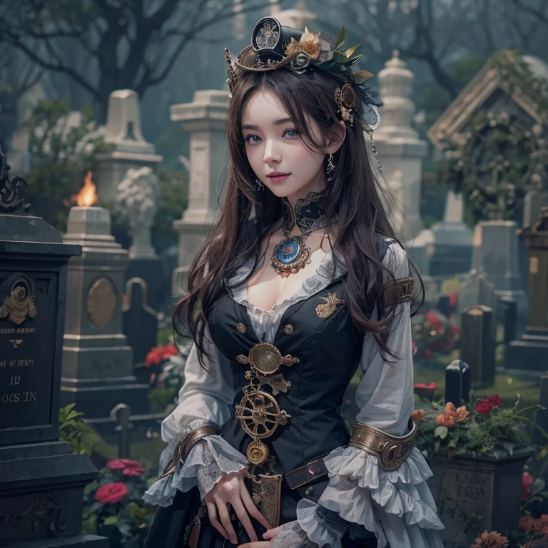 Standing in the grave、Hair Flow、 ((Highest quality、masterpiece、8k、Best image quality、Ultra-high resolution、Award-winning works)、(Accurate anatomy:1.1)、(Look at me and smile:1.1)、Shining fair skin with Ultra-high resolution、The most detailed face、Ultra-high resolution detailed face、Ultra-high resolutionの髪の毛、(Ultra-high resolution eye:1.1)、Beautiful face drawn in every detail、Steampunk costumes, Chest to chest, Strange atmosphere, Ghosts flow, Dark Light, At the Cemetery, Heavy makeup