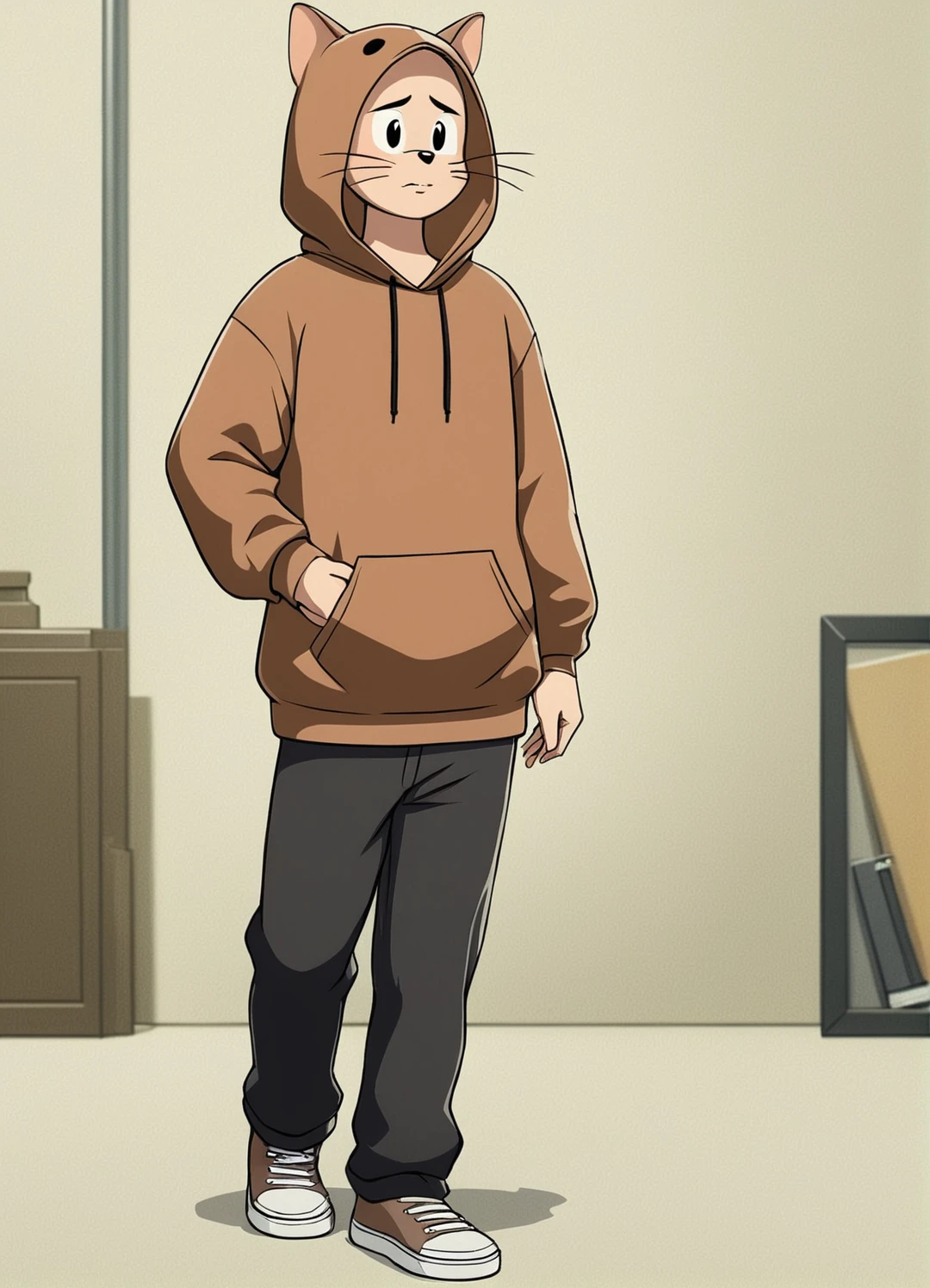 Jerry,Brown hoodie,Black trousers