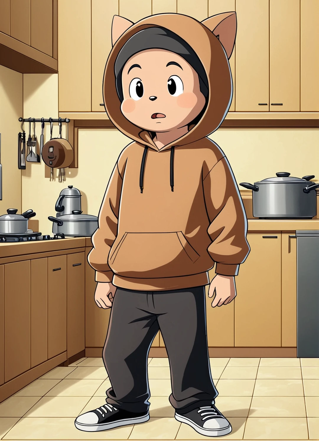 Jerry,Brown hoodie,Black trousers