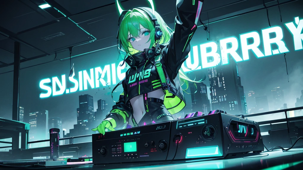 Design a captivating YouTube banner for 'DJ Energy' with a dark, apocalyptic theme. The background should feature a crumbling cityscape at dusk, with remnants of buildings silhouetted against a dark, stormy sky. Neon lights in electric blue and neon green should pierce through the darkness, casting an eerie glow over the scene. In the foreground, place a DJ deck with glowing controls, where vibrant sound waves and music notes in neon colors radiate outward, creating a sense of motion and energy. 'DJ Energy' should be written in bold, futuristic font with neon green accents, slightly cracked and weathered to match the apocalyptic setting. Include subtle, abstract lightning bolts around the text to emphasize the energetic theme. The overall atmosphere should be dark, electrifying, and visually striking, perfectly capturing the essence of an EDM DJ in a post-apocalyptic world.8k