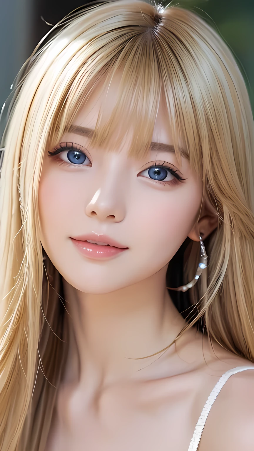 Super long, silky blonde hair、Very cute, beautiful and stunning girl、Bangs falling over the eyes、Hair on the face、Put one bang over your eye、Hair between the eyes、So perfect beautiful cute face、big, Her bright, light blue eyes are so beautiful and sparkling.、Very big eyes、White and lustrous skin、Small Face Beauty、Cheek gloss highlighter、Incredibly white, beautiful, bright and radiant skin、Round face