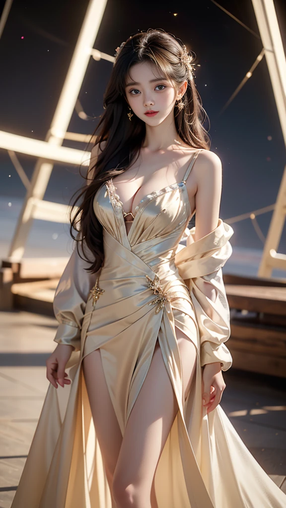 constellation ((knee shot)), ((Shoot at random angles)), ((Visible cleavage)), ((E-cup)), ((I-type Valley)), ((Warm colors)), Galaxy Background, Long-range shooting, A beautiful woman，Elegant posture，Standing，Slender figure。Her legs are slender and straight，Cross placement，Forming a perfect diagonal composition。Head gently sideways，Long blond hair falls naturally，Gently brushing her shoulders。Soft colors，In stark contrast to her fair skin。The edge of the skirt ripples gently，As if swaying in the breeze。Her eyes were gentle，There is a faint smile on the lips。The whole picture looks very harmonious and beautiful