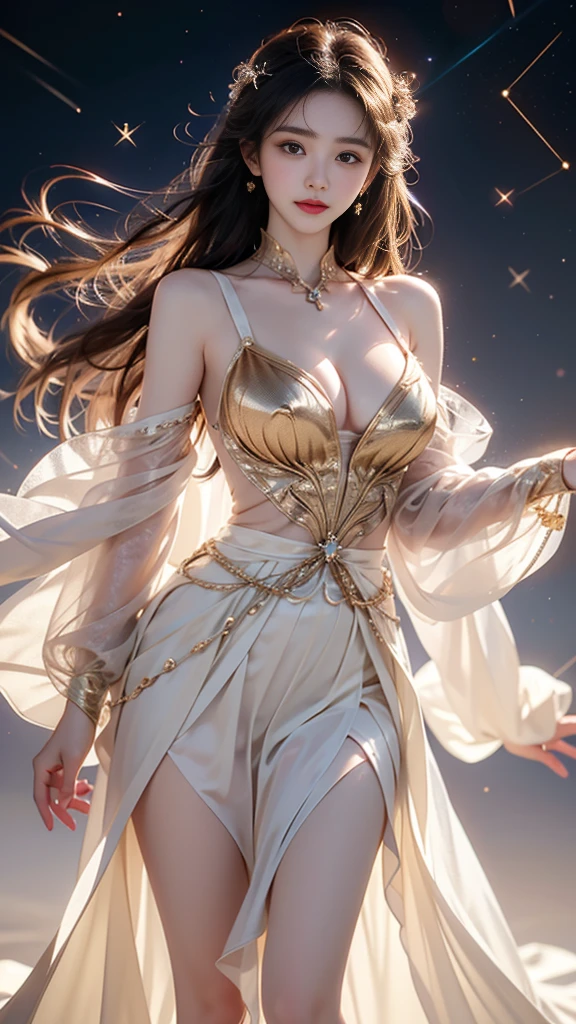 constellation ((knee shot)), ((Shoot at random angles)), ((Visible cleavage)), ((E-cup)), ((I-type Valley)), ((Warm colors)), Galaxy Background, Long-range shooting, A beautiful woman，Elegant posture，Standing，Slender figure。Her legs are slender and straight，Cross placement，Forming a perfect diagonal composition。Head gently sideways，Long blond hair falls naturally，Gently brushing her shoulders。Soft colors，In stark contrast to her fair skin。The edge of the skirt ripples gently，As if swaying in the breeze。Her eyes were gentle，There is a faint smile on the lips。The whole picture looks very harmonious and beautiful