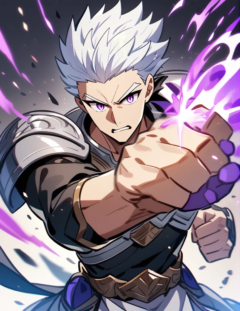 Greek boy with shoulder-length long white hair, violet eyes, wears silver shoulder pads, hardened, throwing a big punch with his purple flaming fist