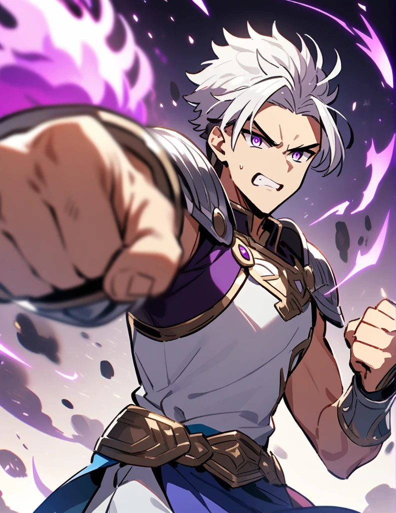 Greek boy with shoulder-length long white hair, violet eyes, wears silver shoulder pads, hardened, throwing a big punch with his purple flaming fist