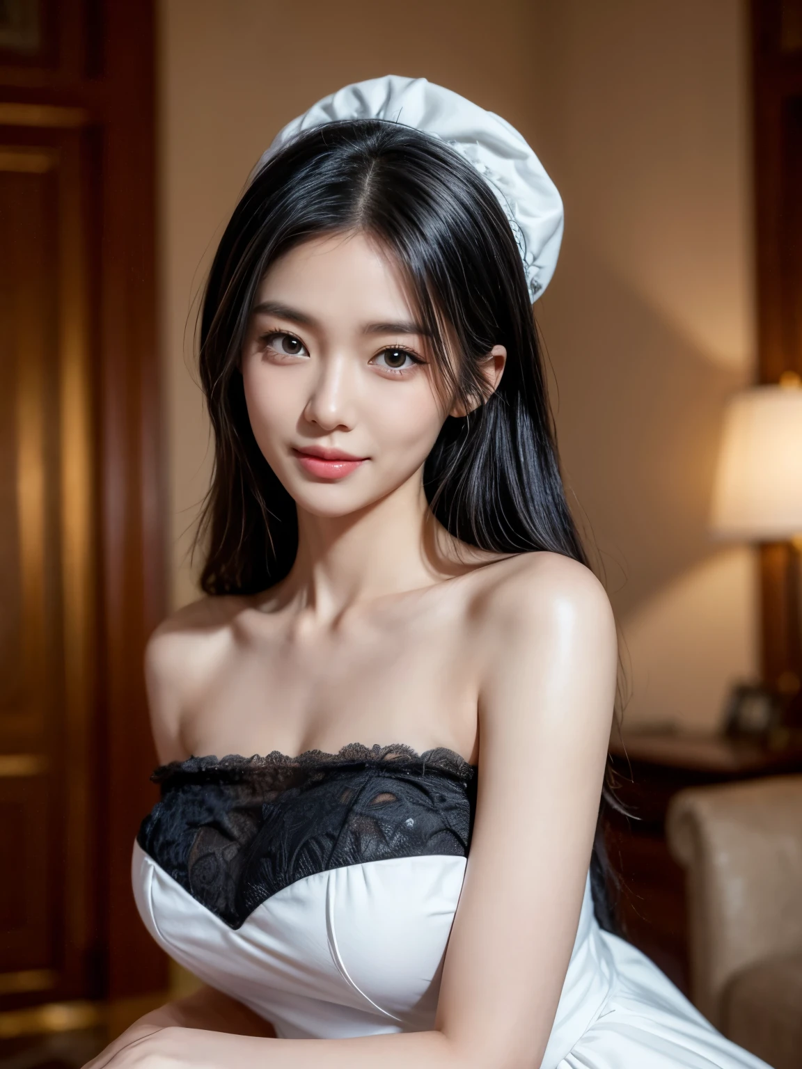 standing, smile, happy, joyful, (looking at viewer), cute face, diamond face shape, (((Masterpiece))), living room, (((Best Quality: 1.4))), ((Super Detail: 1.4)), gorgeous exotic features, amber neon eyes:1.5, long black hair, hyper detailed face features, expressivo face, detailed textures, blue skintone, natural skin shader, volumetrics, warm undertones under her skin, ultra High resolution, pair skin, korean, black hair, cute face, (full show perfect body), huge rounded breasts, black and white maid dress, 8k, anatomically correct, (dynamic lighting)