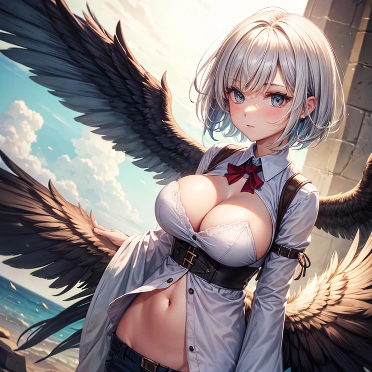 cloth,Large target_breast,short hair ,Feathered wings