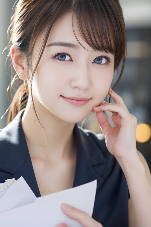 You are a professional photographer。masterpiece、8K、Highest quality, Soft Light, Ultra-high resolution, (Realistic:1.4), RAW Photos,Age 27 、1 Japanese girl, alone, cute、(pupil, Light in your eyes), Natural black eyes、Beautiful face in every detail, (Small box),(High resolution detail of human skin texture)、Mail delivery 、Wear a post office uniform、deliver a letter、post office,Pedalling a bicycle、(Portraiture)、Cleavage、Big Breasts