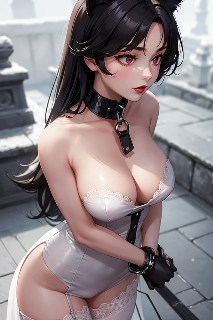 Detailed facial details，bust，16 years old，1 girl，Red lips，Cat ear，Black long hair，Wearing a snow-white latex shirt，Large Breasts，Slim，Tied to stone pillars，Handcuffs，Collar，Radiant Skin，Gallows