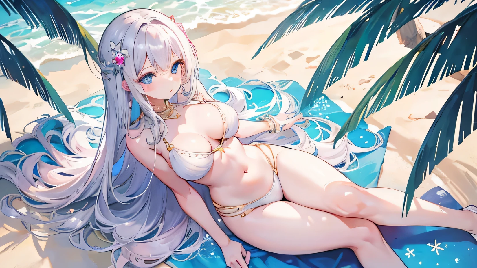 beautiful girl, dressed in a luxurious swimsuit, has a pink manicure, blue eyes. she has beautiful shapes, wide hips and breasts, narrow waist. she is on the beach, where there are palm trees, sand, clear and shimmering water, waves, different shells and stones in the sand. very elaborate and varied lighting, night time. she is sitting on the sand and looking at us, view from above.