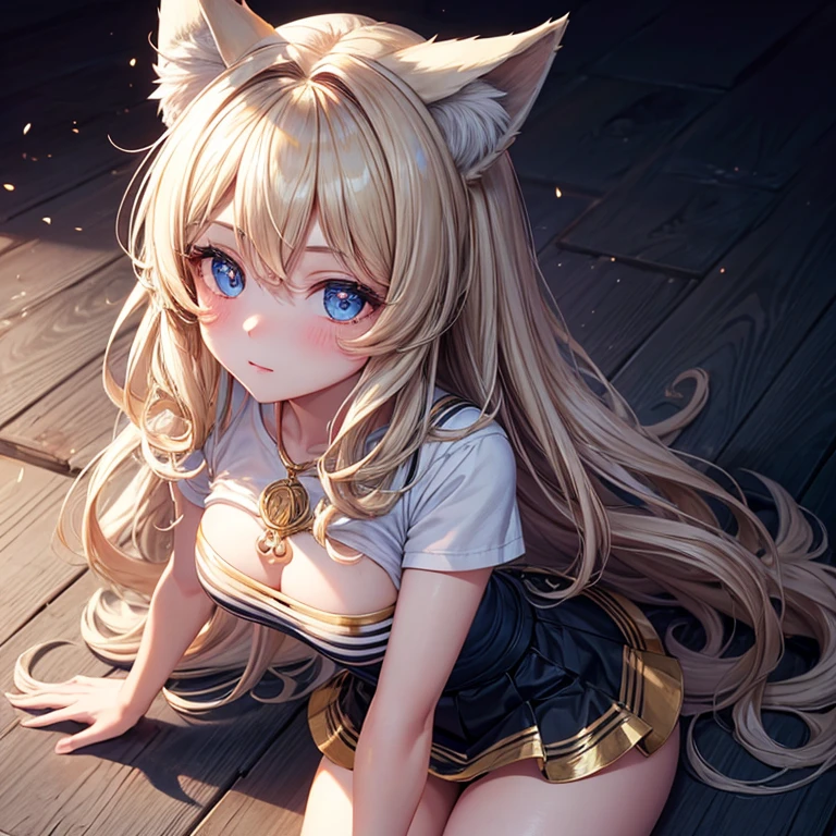 masterpiece, best quality, Wolf Girl, elegant, 1 girl, Wolf ears, Wolf Tail, Cute, Blushed, looking at the audience, From above, golden curly hair, mini skirt, Black and white striped T-shirt, blue eyes, beautiful eyes, Beautiful background, light particles, sun rays, dramatic lighting, external, Shiny, actual, masterpiece, best quality, ultra-detailed, detailed, landscape, beautiful detailed eyes, detailed hair
