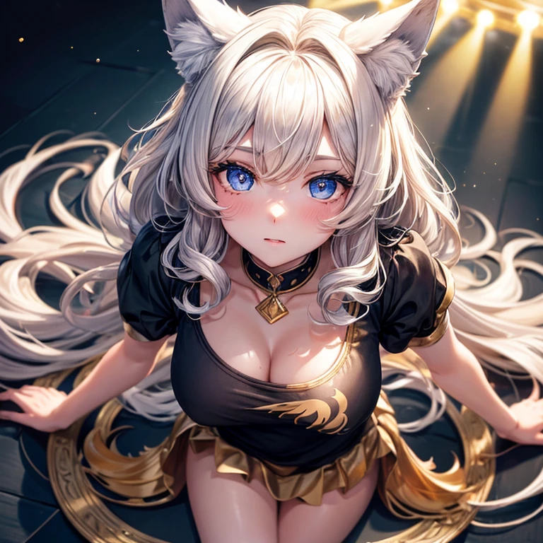 masterpiece, best quality, Wolf Girl, elegant, 1 girl, Wolf ears, Wolf Tail, Cute, Blushed, looking at the audience, From above, golden curly hair, mini skirt, Black and white striped T-shirt, blue eyes, beautiful eyes, Beautiful background, light particles, sun rays, dramatic lighting, external, Shiny, actual, masterpiece, best quality, ultra-detailed, detailed, landscape, beautiful detailed eyes, detailed hair