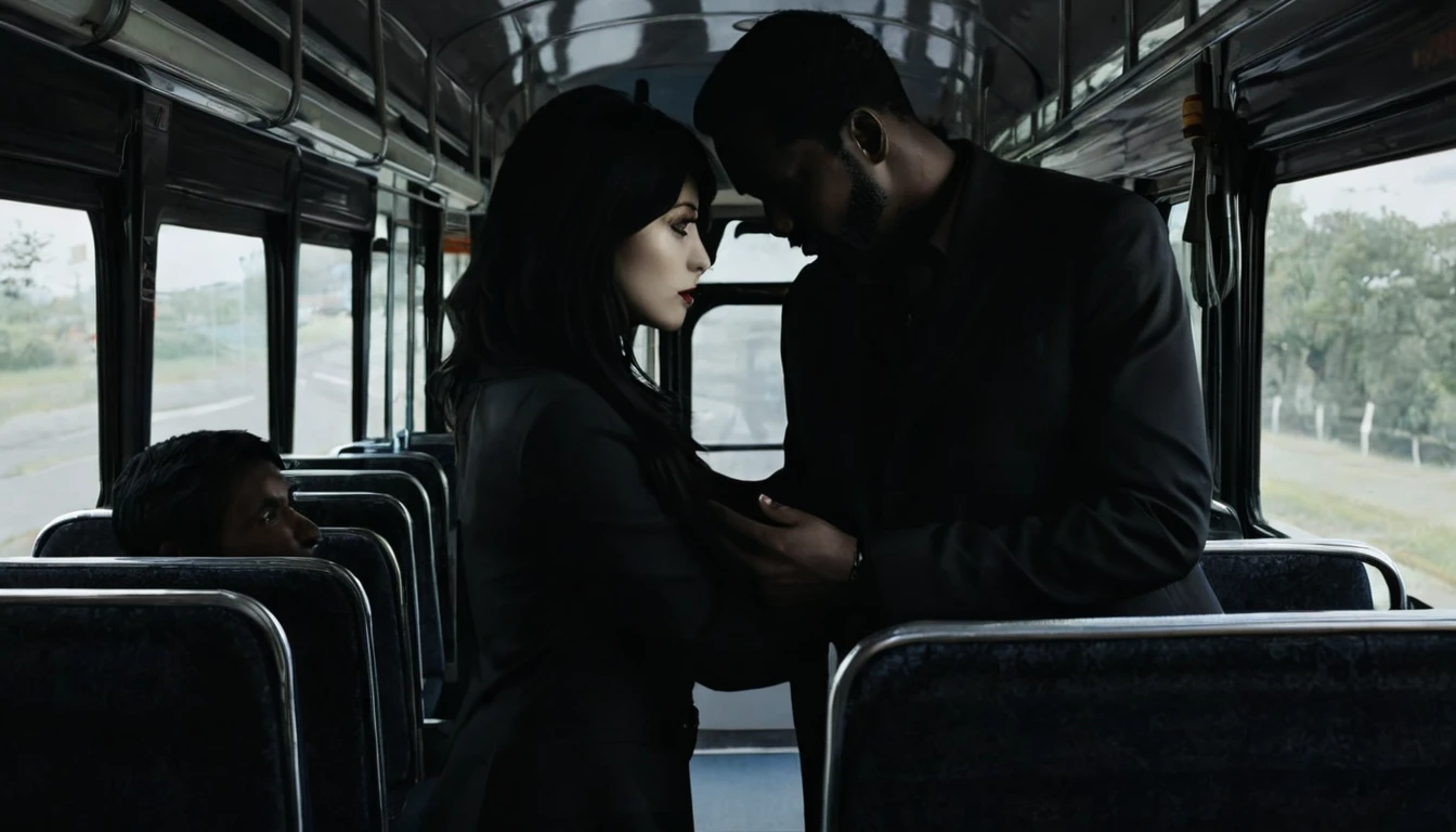 Woman inside the bus Dark mysterious man offering her a pact.