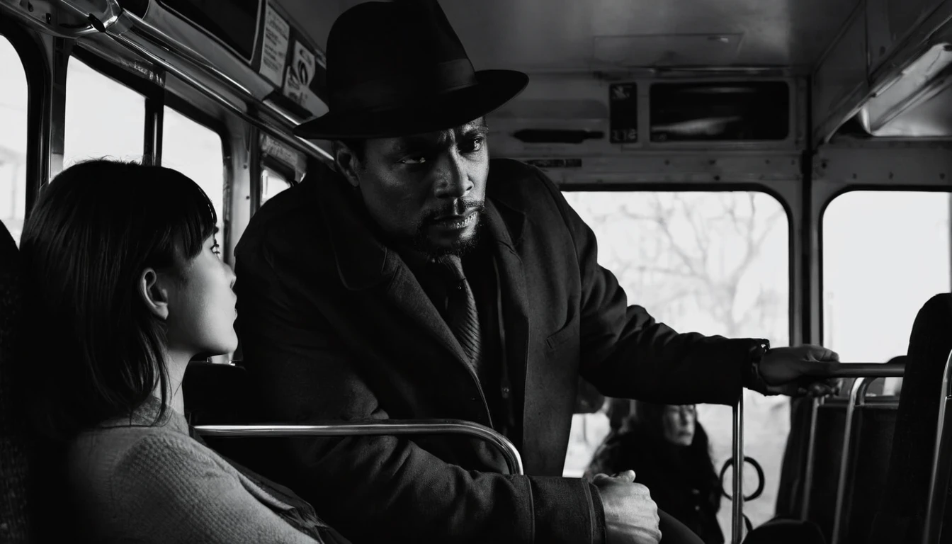 Woman inside the bus Dark mysterious man offering her a pact.