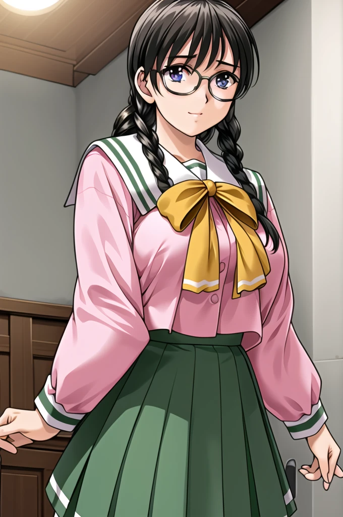 Simple White Background,
(pink_jacket:1.1),(Green_pleated skirt),(sailor_collar), school_uniform, serafuku,long_sleeves,Yellow_bowtie,
glasses, 
black hair,purple eyes,twin braids,Bangs,
1 girl, 20yo,Young female,Beautiful Finger,Beautiful long legs,Beautiful body,Beautiful Nose,Beautiful character design, perfect eyes, perfect face,expressive eyes,perfect balance,
looking at viewer,(Focus on her face),closed mouth, (innocent_big_eyes:1.0),Light_Smile,
official art,extremely detailed CG unity 8k wallpaper, perfect lighting,Colorful, Bright_Front_face_Lighting,shiny skin, 
(masterpiece:1.0),(best_quality:1.0), ultra high res,4K,ultra-detailed,
photography, 8K, HDR, highres, absurdres:1.2, Kodak portra 400, film grain, blurry background, bokeh:1.2, lens flare, (vibrant_color:1.2),professional photograph, 
(Beautiful,large_Breasts:1.4), (beautiful_face:1.5),(narrow_waist),