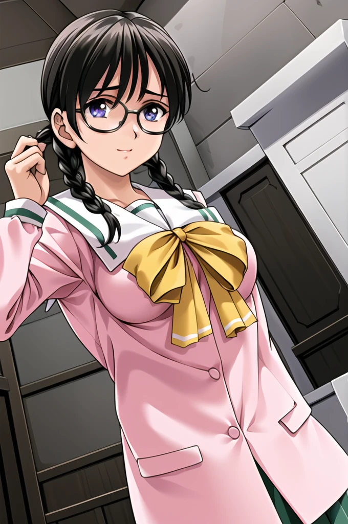 Simple White Background,
(pink_jacket:1.1),(Green_pleated skirt),(sailor_collar), school_uniform, serafuku,long_sleeves,Yellow_bowtie,
glasses, 
black hair,purple eyes,twin braids,Bangs,
1 girl, 20yo,Young female,Beautiful Finger,Beautiful long legs,Beautiful body,Beautiful Nose,Beautiful character design, perfect eyes, perfect face,expressive eyes,perfect balance,
looking at viewer,(Focus on her face),closed mouth, (innocent_big_eyes:1.0),Light_Smile,
official art,extremely detailed CG unity 8k wallpaper, perfect lighting,Colorful, Bright_Front_face_Lighting,shiny skin, 
(masterpiece:1.0),(best_quality:1.0), ultra high res,4K,ultra-detailed,
photography, 8K, HDR, highres, absurdres:1.2, Kodak portra 400, film grain, blurry background, bokeh:1.2, lens flare, (vibrant_color:1.2),professional photograph, 
(Beautiful,large_Breasts:1.4), (beautiful_face:1.5),(narrow_waist),