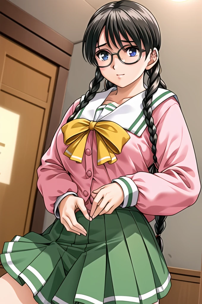 Simple White Background,
(pink_jacket:1.1),(Green_pleated skirt),(sailor_collar), school_uniform, serafuku,long_sleeves,Yellow_bowtie,
glasses, 
black hair,purple eyes,twin braids,Bangs,
1 girl, 20yo,Young female,Beautiful Finger,Beautiful long legs,Beautiful body,Beautiful Nose,Beautiful character design, perfect eyes, perfect face,expressive eyes,perfect balance,
looking at viewer,(Focus on her face),closed mouth, (innocent_big_eyes:1.0),Light_Smile,
official art,extremely detailed CG unity 8k wallpaper, perfect lighting,Colorful, Bright_Front_face_Lighting,shiny skin, 
(masterpiece:1.0),(best_quality:1.0), ultra high res,4K,ultra-detailed,
photography, 8K, HDR, highres, absurdres:1.2, Kodak portra 400, film grain, blurry background, bokeh:1.2, lens flare, (vibrant_color:1.2),professional photograph, 
(Beautiful,large_Breasts:1.4), (beautiful_face:1.5),(narrow_waist),