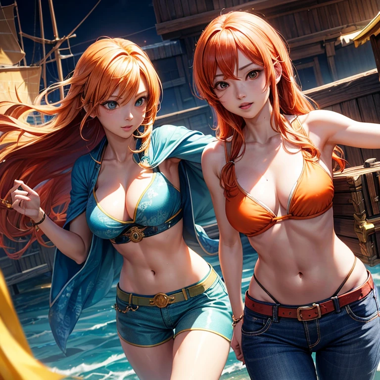 Nami is so beautiful (A), subtle makeup, Kanekoen hour, Realistic, High contrast, 8K HD, detailed, hyper-detailed, Realistic皮膚紋理, Long orange hair, Bikini tops only, Blue pants, Big breasts, best quality, Ultra-high resolution, original photo, dramatic lighting, Unreal Engine, diffuse luminescence, outdoor, realistic detailed onep piece pirate ship, treasure chest, Kaneko, Kaneko coins, Kaneko bars.