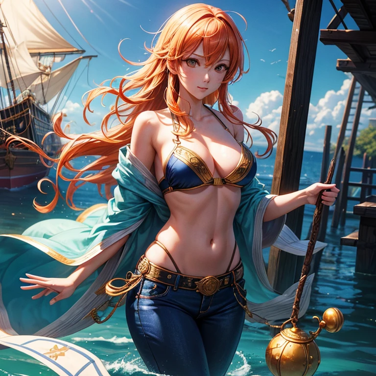 Nami is so beautiful (A), subtle makeup, Kanekoen hour, Realistic, High contrast, 8K HD, detailed, hyper-detailed, Realistic皮膚紋理, Long orange hair, Bikini tops only, Blue pants, Big breasts, best quality, Ultra-high resolution, original photo, dramatic lighting, Unreal Engine, diffuse luminescence, outdoor, realistic detailed onep piece pirate ship, treasure chest, Kaneko, Kaneko coins, Kaneko bars.