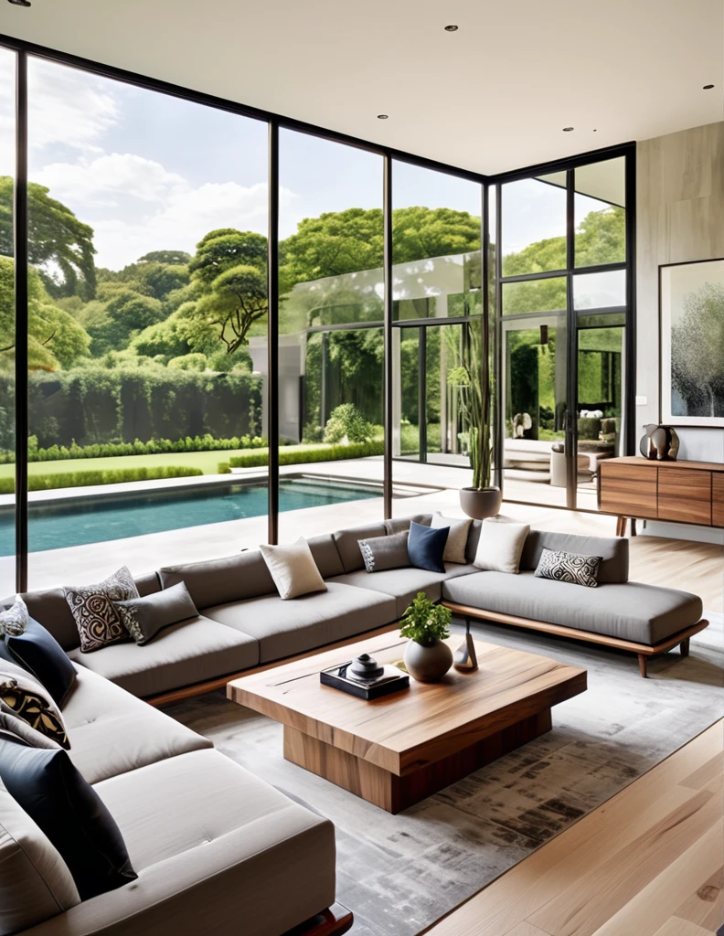 Design an elegant and contemporary living room with large glass windows offering a panoramic view of an outdoor pool and lush garden. The space should include a large gray sofa with decorative pillows, a striking wooden coffee table with a natural finish, and a stylish dark rug. Incorporate minimalist artwork on the walls and blend natural and modern elements seamlessly throughout the room. Make sure the space is filled with natural light, creating a bright, airy, and inviting atmosphere