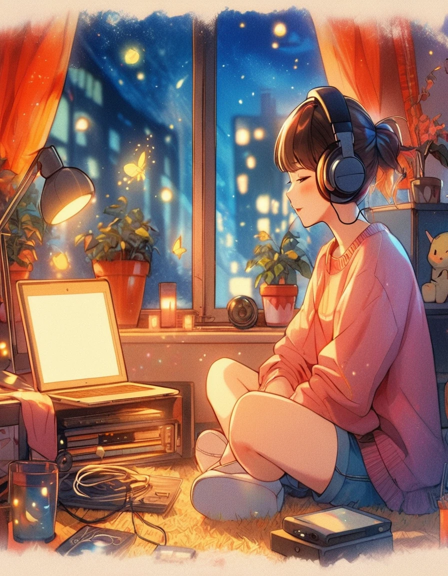 Sit on the floor with headphones on、Anime girl looking at laptop, praise girl, praise artstyle, praise art, praise portrait, praise vibes, praise feel, praise girl aesthetic, Lo-fi art, praise vibe, praise hip hop, Lo-fi illustration style, praise colors, praise, praise aesthetic、Many fireflies are flying