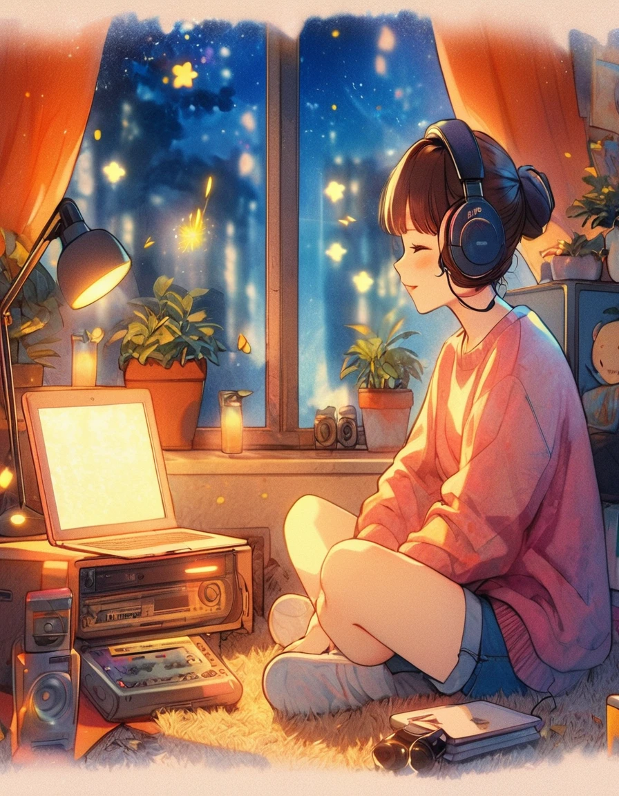 Sit on the floor with headphones on、Anime girl looking at laptop, praise girl, praise artstyle, praise art, praise portrait, praise vibes, praise feel, praise girl aesthetic, Lo-fi art, praise vibe, praise hip hop, Lo-fi illustration style, praise colors, praise, praise aesthetic、Many fireflies are flying