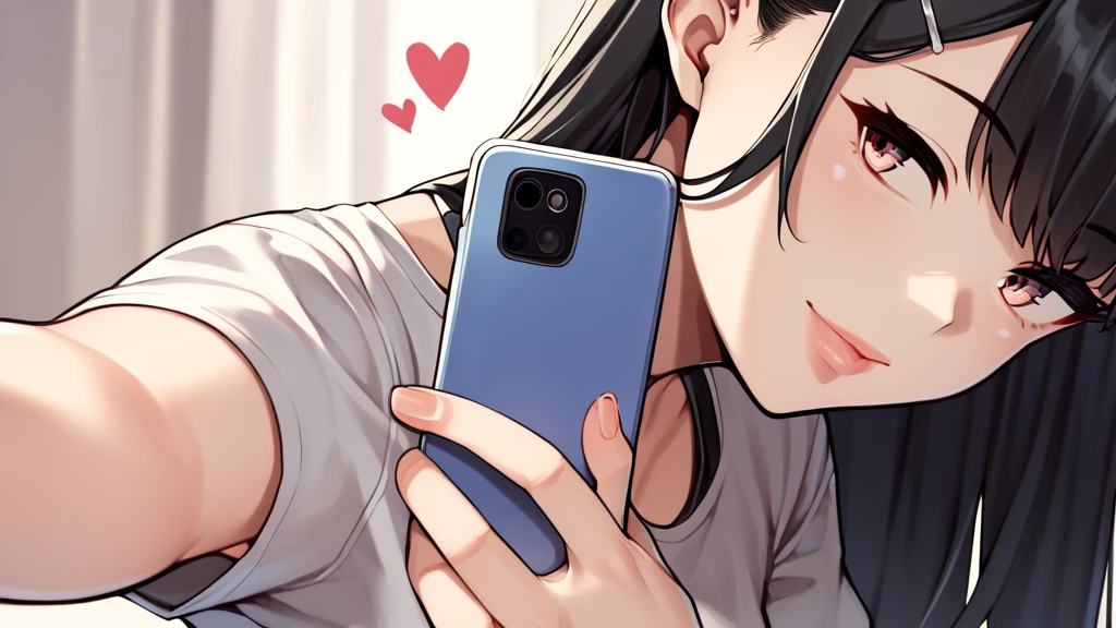 score_9, score_8_superior, score_7_superior, Cowboy Shot, From the side, One girl, smartphone, Selfie, amount, Hair Clip, Voice of the Heart, Black Hair, bangs,
,
