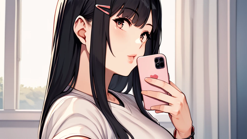 score_9, score_8_superior, score_7_superior,   Cowboy Shot, From the side,  One girl, smartphone,  Selfie,  amount,  Hair Clip, Voice of the Heart, Black Hair, bangs,
,   