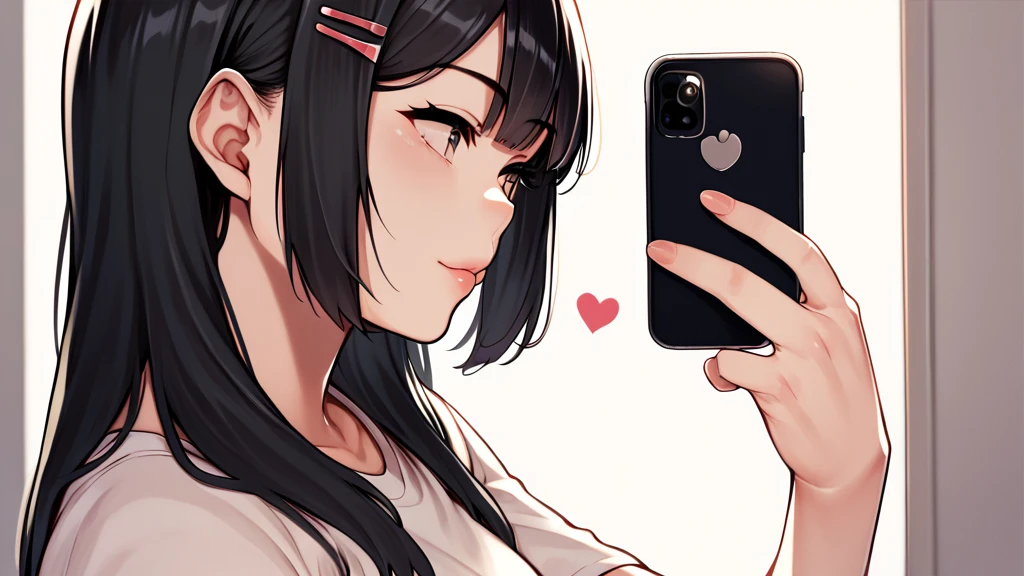 score_9, score_8_superior, score_7_superior,   Cowboy Shot, From the side,  One girl, smartphone,  Selfie,  amount,  Hair Clip, Voice of the Heart, Black Hair, bangs,
,   