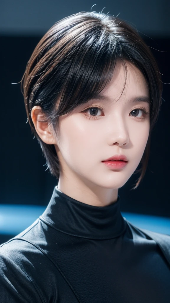 a close up of a person in a suit with a short haircut wearing a blue shirt and a black turtle neck t - shirt, Eve Ryder, star trek, a character portrait, dau-al-set, detailed, award winning, ultra realistic