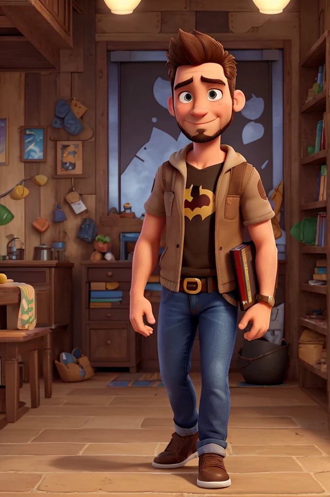 White man, 38 years old, Brazilian, face with striking features, short, spiky brown hair that falls slightly to the forehead, brown eyes, beard with irregular goatee, a slight smile, Batman cosplay without mask, jeans, old school black sneakers, walking with a book in hand. hand, pixar disney style 3d movie poster