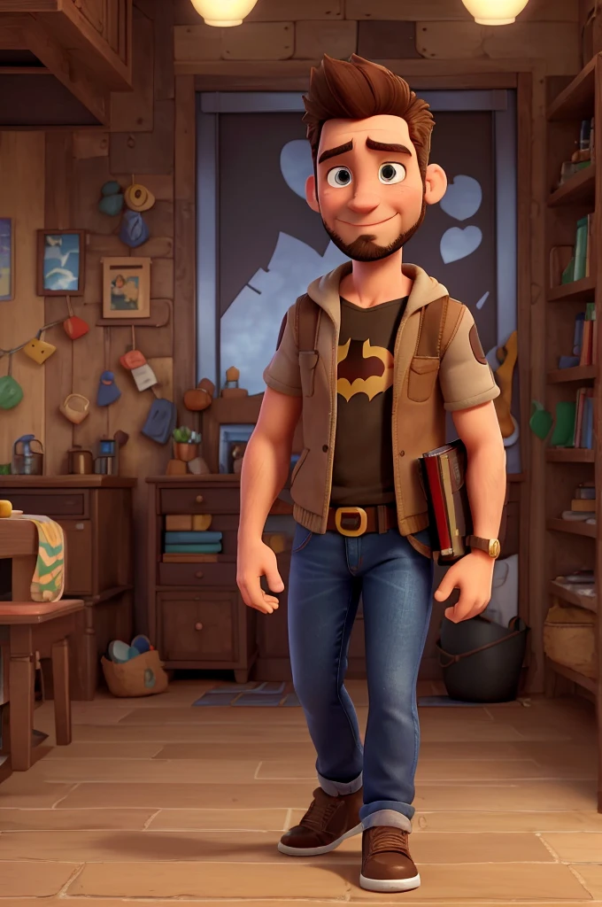 White man, 38 years old, Brazilian, face with striking features, short, spiky brown hair that falls slightly to the forehead, brown eyes, beard with irregular goatee, a slight smile, Batman cosplay without mask, jeans, old school black sneakers, walking with a book in hand. hand, pixar disney style 3d movie poster