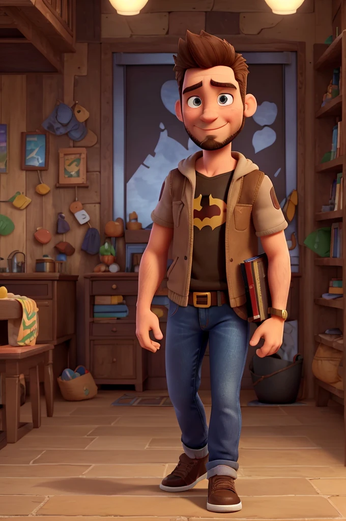 White man, 38 years old, Brazilian, face with striking features, short, spiky brown hair that falls slightly to the forehead, brown eyes, beard with irregular goatee, a slight smile, Batman cosplay without mask, jeans, old school black sneakers, walking with a book in hand. hand, pixar disney style 3d movie poster