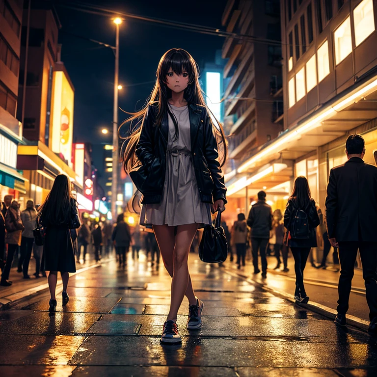 night, light is on, street, transportation, crowd, Long-haired girl walking alone