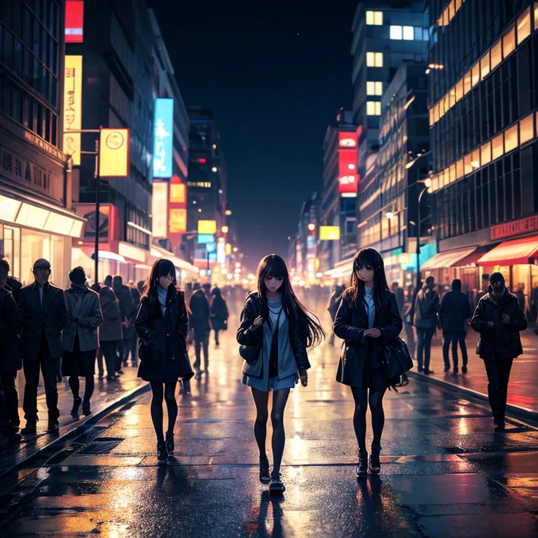 night, light is on, street, transportation, crowd, Long-haired girl walking alone