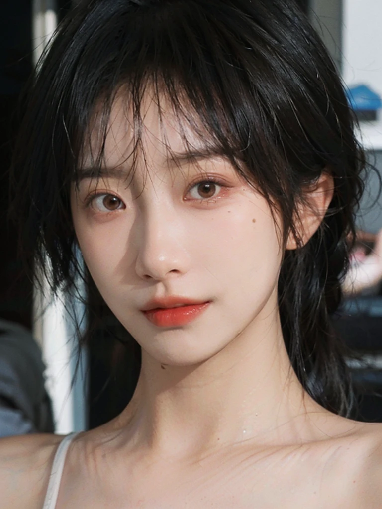 (Skin details:1.4), (smooth skin textures:1.3), (Upper body:1.4),(Upper Body:1.3)Lipstick, background, earrings, serene, calm, (Realistic and detailed eyes:1.2), Natural skin texture, Realistic facial details, Soft dramatic lighting, Vivid details, 35 mm film, outdoor, (Photo Practical:1.4), (hyper Practical:1.4), (Practical:1.3), (Smoother lighting:1.05), (Improve lighting quality:0.9), (Highest quality real skin textures:1.4), Exquisite eyes, Delicate face, Close-up of face, (Enhance the beauty of skin texture:1.1), Hair details,(Large Breasts:1.3)normal body ratio, short hair, Moles under the eyes, A faint smile,Portrait Photography, Depth of Field, Bokeh, Surrealism, Ray Tracing, (Portrait Photography:1.1), Surrealism, High Detail, Chiaroscuro, Ray Tracing, reflected light, Ultra HD, Ultra HD, masterpiece, Textured Skin, Super Detail, High Detail, high quality, best quality