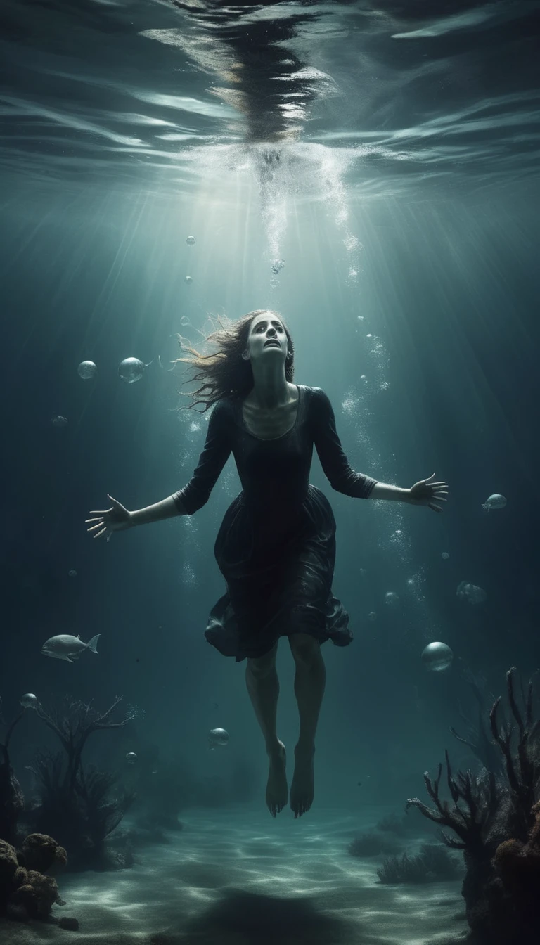 Illustrate a person submerged underwater, struggling to reach the surface, with a look of desperation. The water should be dark and murky, with ghostly hands or creatures pulling them down. Include air bubbles rising to the surface, creating a sense of urgency.
