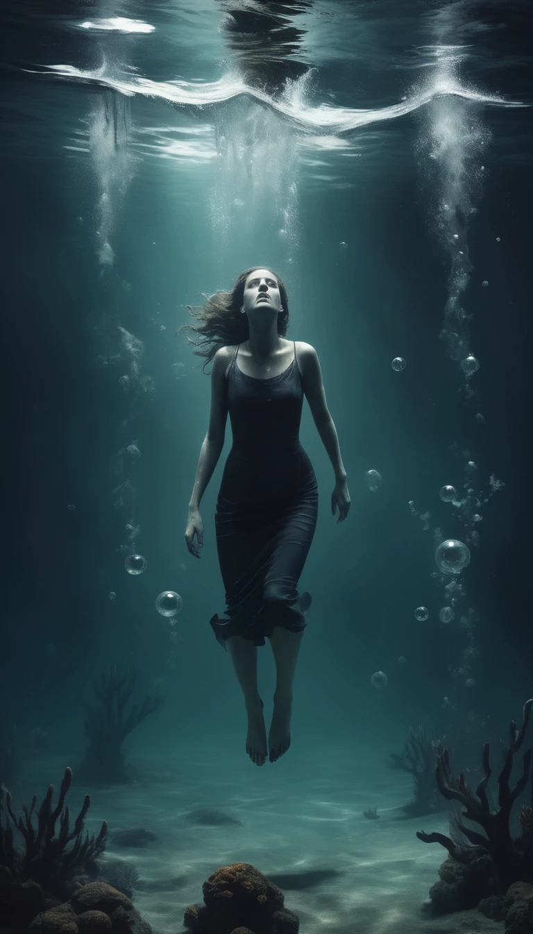 Illustrate a person submerged underwater, struggling to reach the surface, with a look of desperation. The water should be dark and murky, with ghostly hands or creatures pulling them down. Include air bubbles rising to the surface, creating a sense of urgency.