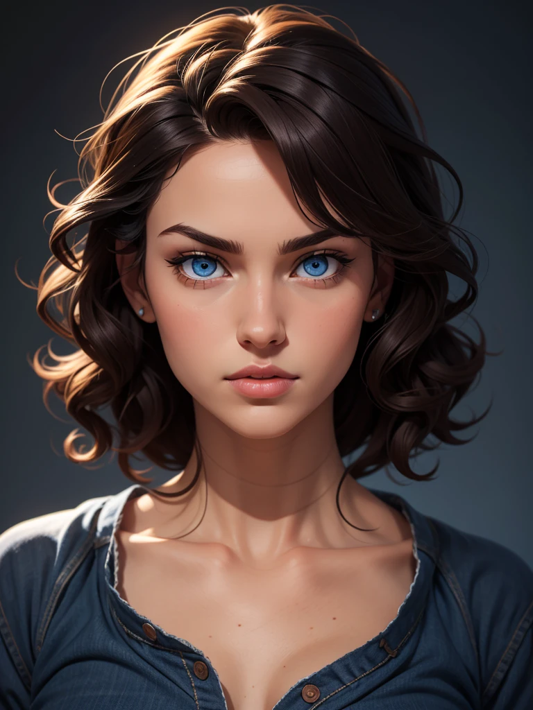 beautiful posing model, curly dark hair, dark blue eyes --ar 16:9 -