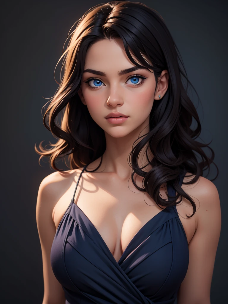  beautiful posing model, curly dark hair, dark blue eyes --ar 16:9 -
