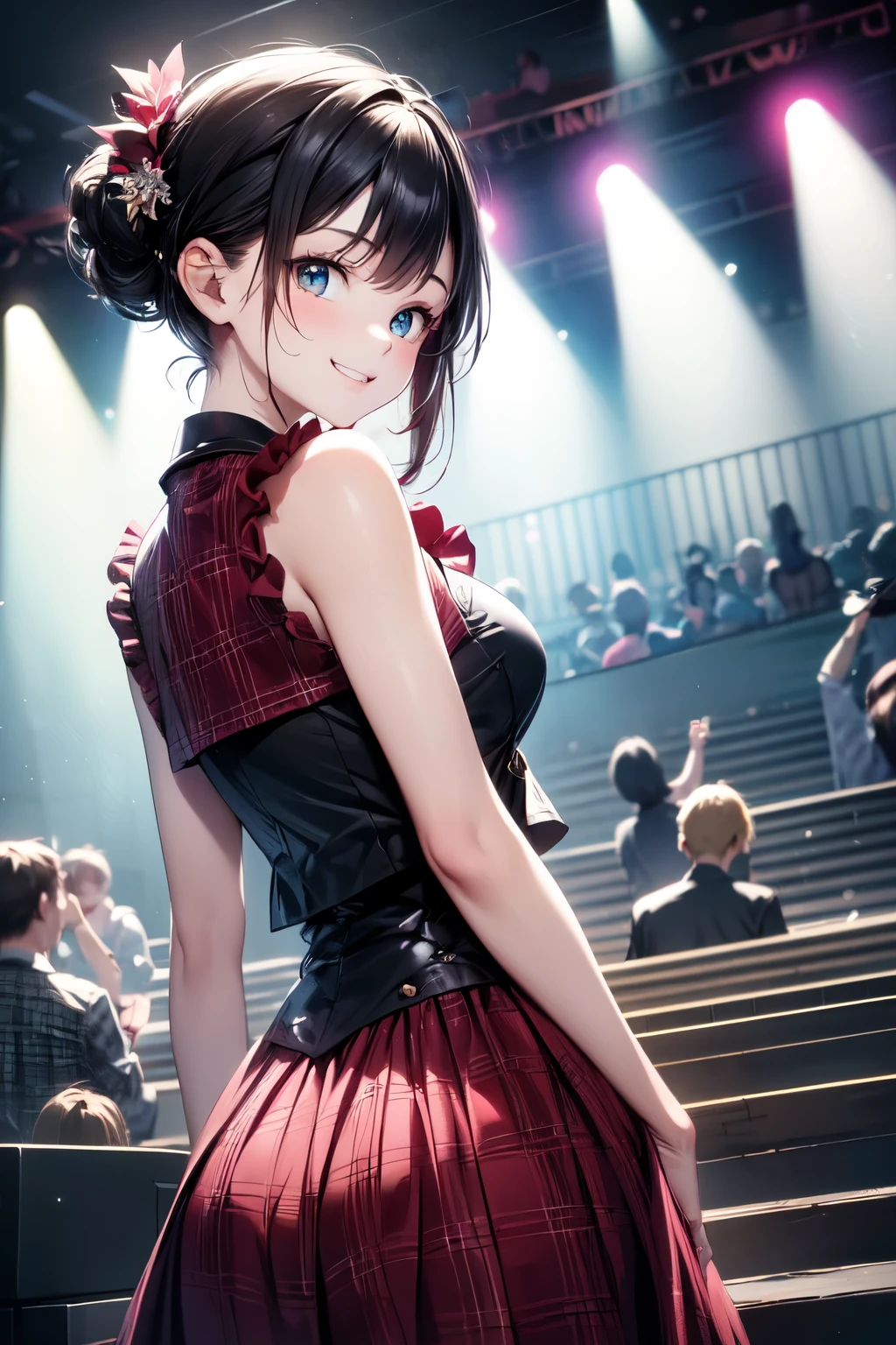 very cute and beautiful girl,(highly detailed beautiful face and eyes),(smile:1.2),happy, black hair,looking at viewer,dancing,leaning forward,(looking back,from behind,from below), idol costume like AKB48,akiba idol with detailed frills,plaid vest, live stage,concert hall,spot light, (best quality,masterpiece),absurdres,highres,ultra-detailed,extremely detailed,32k,8k resolution, intricate details,cinematic scene,detailed background,solo,dynamic angle,