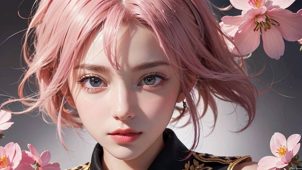 One girl, alone, flower畑, flower, (Official Art, unity 8k wallpaper, Super detailed, beautifully、aesthetic, masterpiece ,Highest quality:1.3), (Dynamic Angle:1.2), (Floating colorful sparkles:1) , elegant, Vibrant colors, Highly detailed face, Detailed eyes, Glowing Skin, Glossy Lips , Pale pink and pale orange background, Pink Hair,