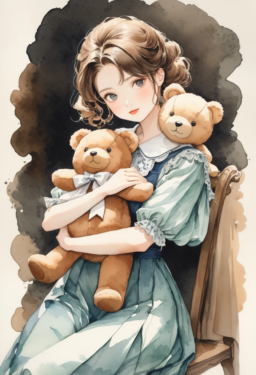 ((antique:1.5)),((hugging a teddy bear)),(Teddy bear),Beautiful and cute woman,1 Female,Solo,Sharp features,Sophisticated,((Watercolor:1.5)),whole body,超High resolution,((Attention to detail:1.5)),high quality,High resolution,最high quality,(vintage:1.4),(Cute pose:1.3),Dull color,So adorable,model like,Fluffy atmosphere,(Accurate body),((antiqueな服)),(Super Detail),