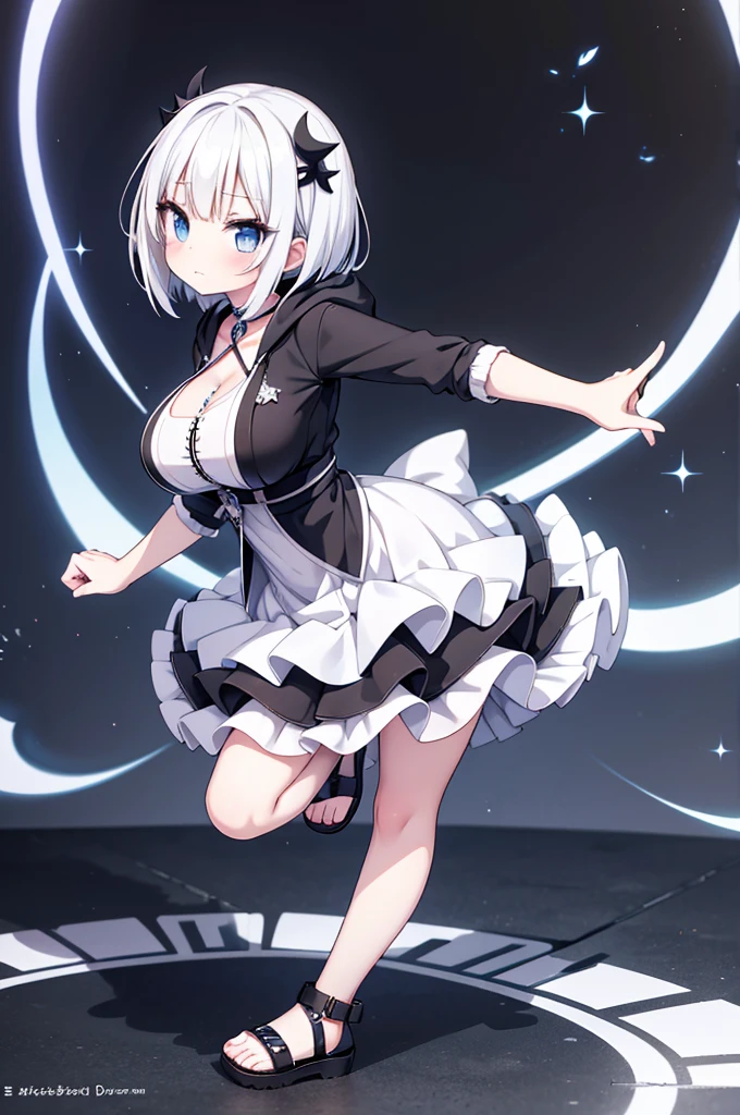Anime-style image of a woman with white hair and black clothing, Cute 3D anime girl render, Cute anime waifu in a nice dress, Anime VTuber Full Body Model, Anime girl in a hoodie, Highly detailed characters, Official character art,exorcist,Big Tits,ghost,Bobcut